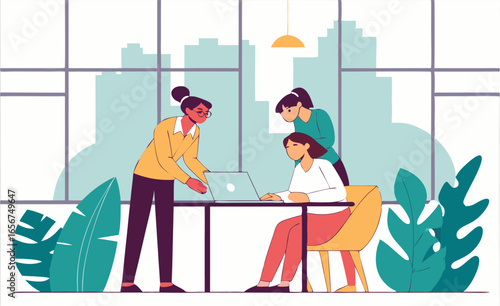 Modern office space scene with diverse professionals collaborating