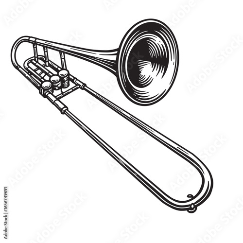 Detailed black and white trombone illustration depicting music and instrumental brass equipment