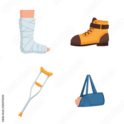 Vector illustration for design and illustrations of Bone fracture and medical conditions. Cast, hiking shoe, Vector Set