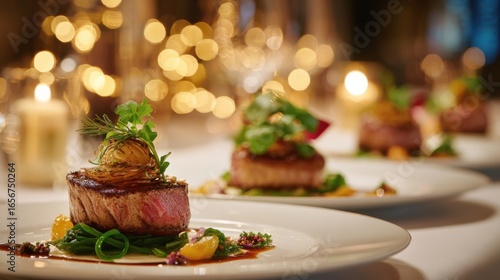 Exquisite fine dining experience upscale restaurant gourmet cuisine elegant setting close-up culinary artistry