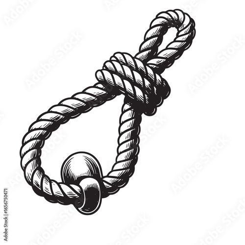 Detailed black and white vintage illustration of a noose rope with a knot and stopper