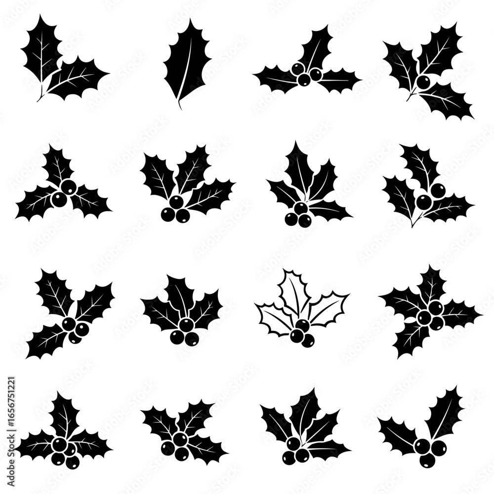 Fototapeta premium Holly christmas vector illustration set, holiday design elements and clip art for cards and decoration