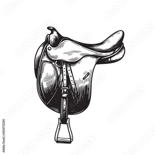 Detailed hand drawn illustration of a vintage horse riding saddle and stirrup in monochrome style