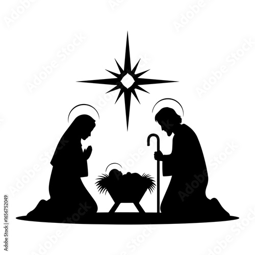 Nativity scene silhouette vector illustration christmas jesus mary joseph star holy family religious art