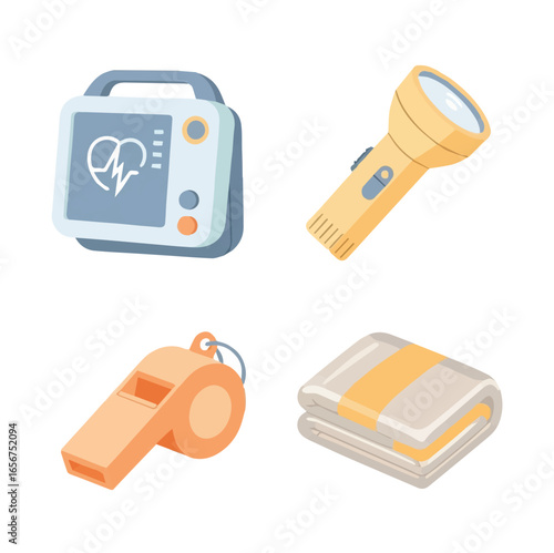 Lifeguard Object Graphics, Illustration. Defibrillator, Flashlight, Whistle And Towel vector collection for rescue object and Safety Illustration