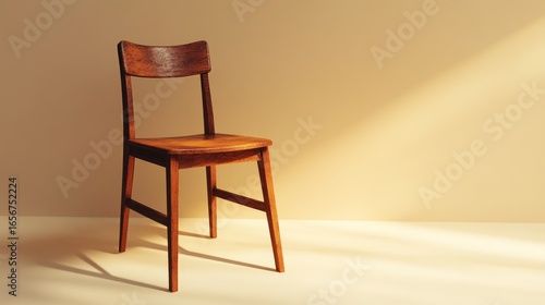 Vintage wooden chair bathed in warm sunlight casting long shadows against a textured wall