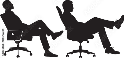 Silhouette of two men sitting in office chairs, one reclining, showcasing posture and relaxation in a minimalist black and white design.