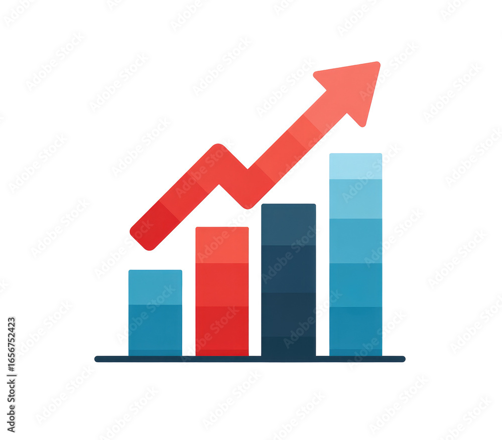 A graphic of rising bar graph. Red arrow points upward, indicating growth, over several blue and dark-blue bars A graphic of rising bar graph. Red arrow points upward, indicating growth, over several blue and dark-blue bars