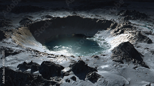 Spectacular View of Moon Crater with Ice Water and Rough Terrain Mysterious Lunar Landscape Detailed Science Visualization Exploration Concept