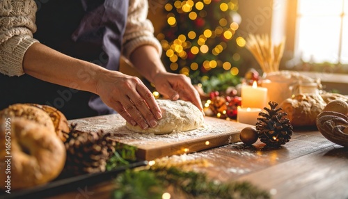 A person carefully kneads dough on a wooden board amidst a festive holiday setting, surrounded by seasonal decorations and soft candlelight.