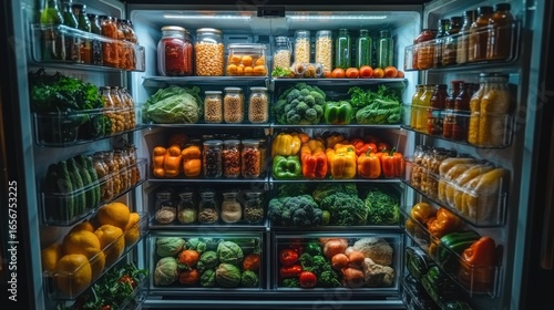 Fototapeta Naklejka Na Ścianę i Meble -  Well-organized fridge filled with colorful fresh produce and pantry items