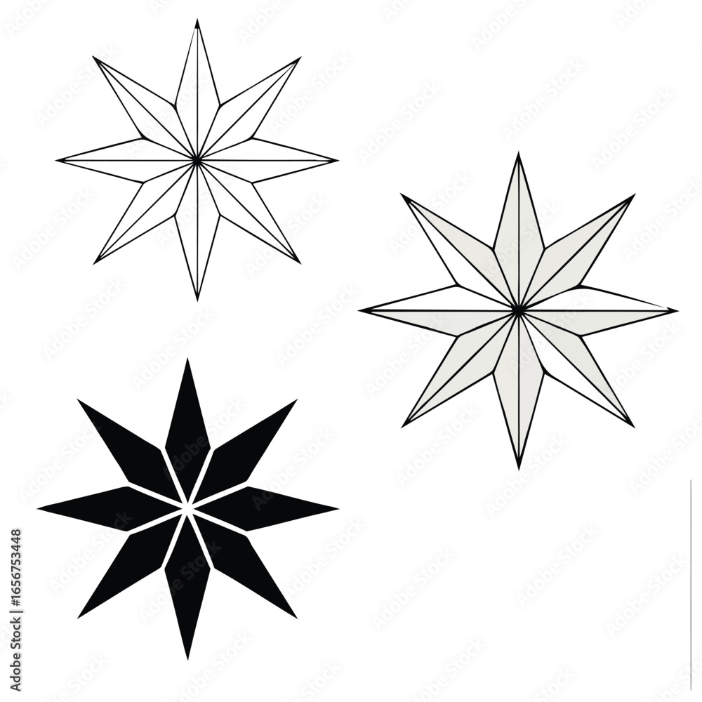Obraz premium Three eightpointed stars in different styles isolated on white background