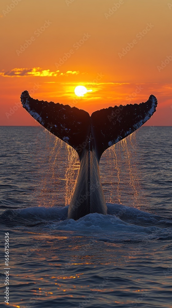 Fototapeta premium Whale tail rising, sunset backdrop