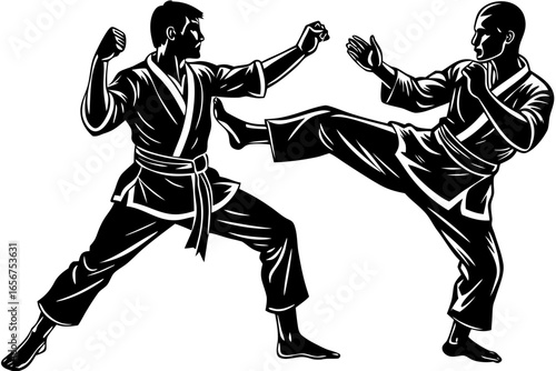 Dynamic Black and White Karate Action Art