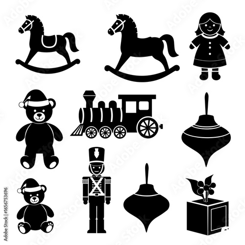 Vector christmas toys collection rocking horse train teddy bear doll ornament soldier flower box