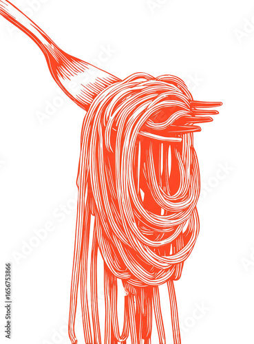 A vibrant, orange-red strand of spaghetti on a fork