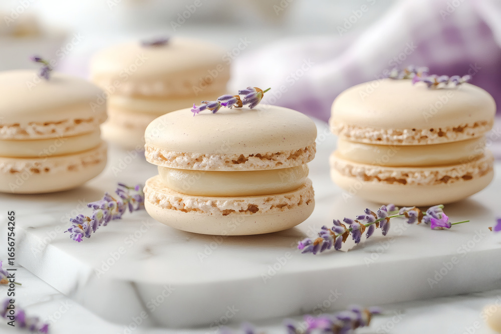 Fototapeta premium Earl grey macarons with lavender dust on marble slab