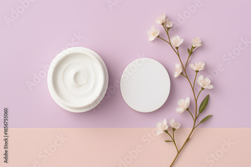 Skincare product branding with cosmetic cream jar on pastel surface