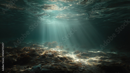 Underwater Sunlight Illuminating the Ocean Floor a Mysterious Deep Sea Scene with Tranquil Water and Natural Light Beams