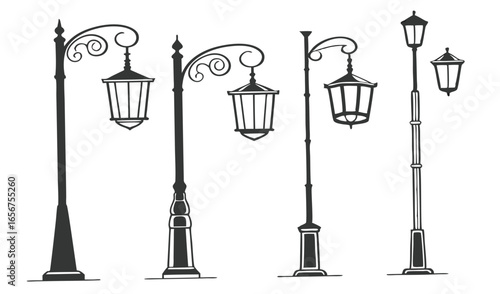 Collection of diverse street lamp post silhouettes in various styles