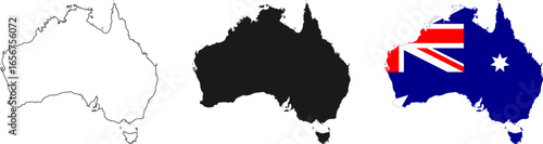 Australia map icon set. Australia map signs - outline, solid and Australian national flag