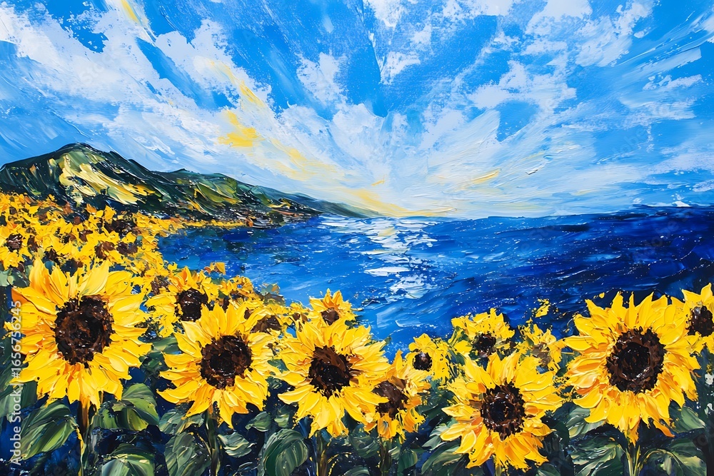 Obraz premium Vibrant sunflower field overlooking a sparkling blue ocean and mountainous coastline
