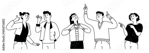 Doodle set of happy friends portraits. Diverse people showing various non verbal body language hand gestures. Vector linear isolated illustration