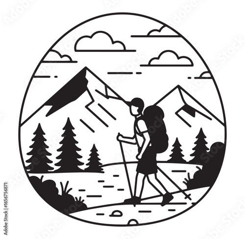 Adventure illustration of a hiker in the mountains with a backpack hiking poles and trees