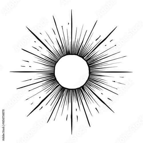 Circular graphic, radiating lines, stylized sunburst