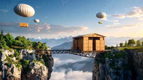 Floating House and Balloons Over Mountain Bridge, Dreamscape Scene