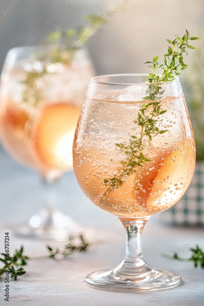 Fototapeta premium Peach blossom spritzer in vintage cut glass with herb sprig