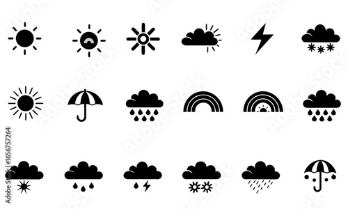 Comprehensive collection of weather icons representing diverse atmospheric conditions for forecasting and meteorology vector