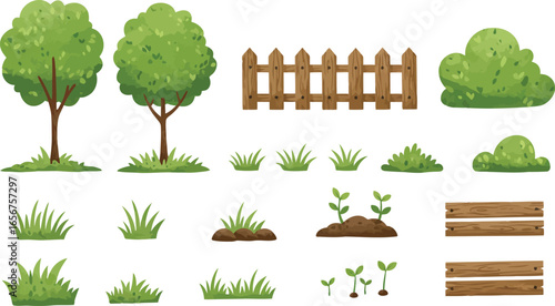 Garden elements trees fence bushes grass seedlings