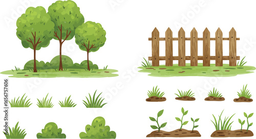 Watercolor garden elements trees fence grass sprouts