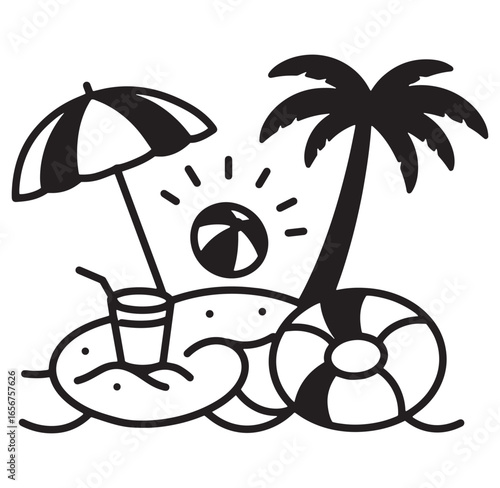 Black and white tropical beach scene with an umbrella palm tree and beach ball
