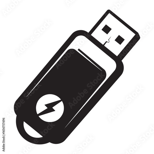 Black and white vector illustration of usb flash drive with integrated lightning symbol