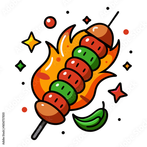 Delicious, vibrant grilled kebab on fire with sparkling stars, perfect for restaurant menus, food blogs, and culinary branding projects, a mouthwatering food concept