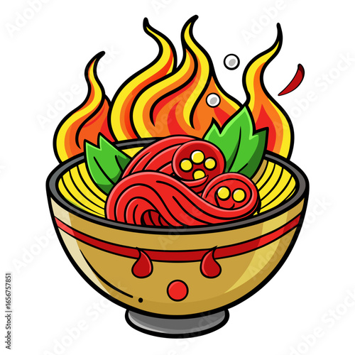 Delicious bowl of spicy ramen noodles with vibrant flames and fresh basil creating a tasty, flavorful meal experience, perfect for food blogs and restaurant menus