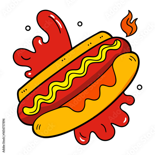 Delicious cartoon hot dog with mustard and ketchup ready for grilling and summer fun, perfect for fast food branding and promotional materials