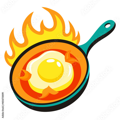Dynamic illustration of a fried egg sizzling in a pan with vibrant flames, perfect for culinary projects, food blogs, and restaurant promotions