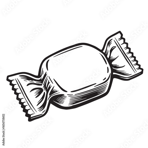 Hand drawn candy wrapper illustration in black and white featuring detailed line art style