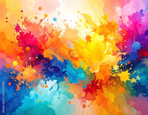 Vibrant abstract background featuring a creative explosion of colorful watercolor paint splatters and artistic gradients.