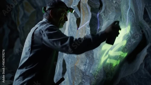 Cave artist using spray can to create illuminated artwork in dark environment