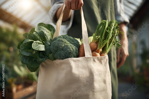 Woman carrying a reusable tote bag filled with fresh organic vegetables from a local farmers market supporting sustainable living and healthy lifestyle choices