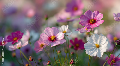 Colorful cosmos flowers bloom in vibrant garden, showcasing pink, white, and purple petals under soft sunlight