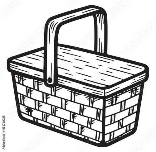 Simple black and white illustration of a woven picnic basket for outdoor activities