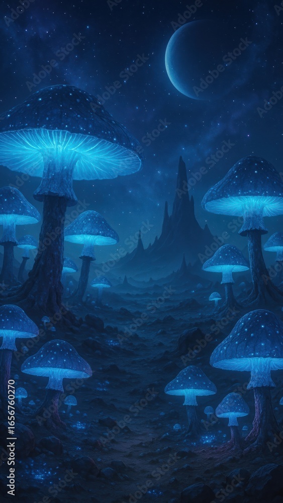 Fototapeta premium Mystical glowing mushrooms landscape