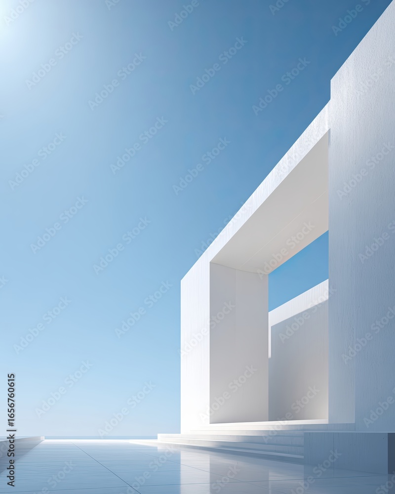 Fototapeta premium Modern Building Facade Showcasing Striking Geometry Against a Clear Blue Sky at Midday