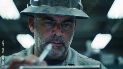 Close-up of Factory Worker Using a Tablet for Inspection and Data Analysis in Industrial Setting