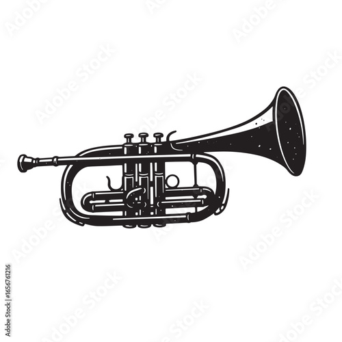 Vintage illustration of a black and white trumpet isolated on a white background